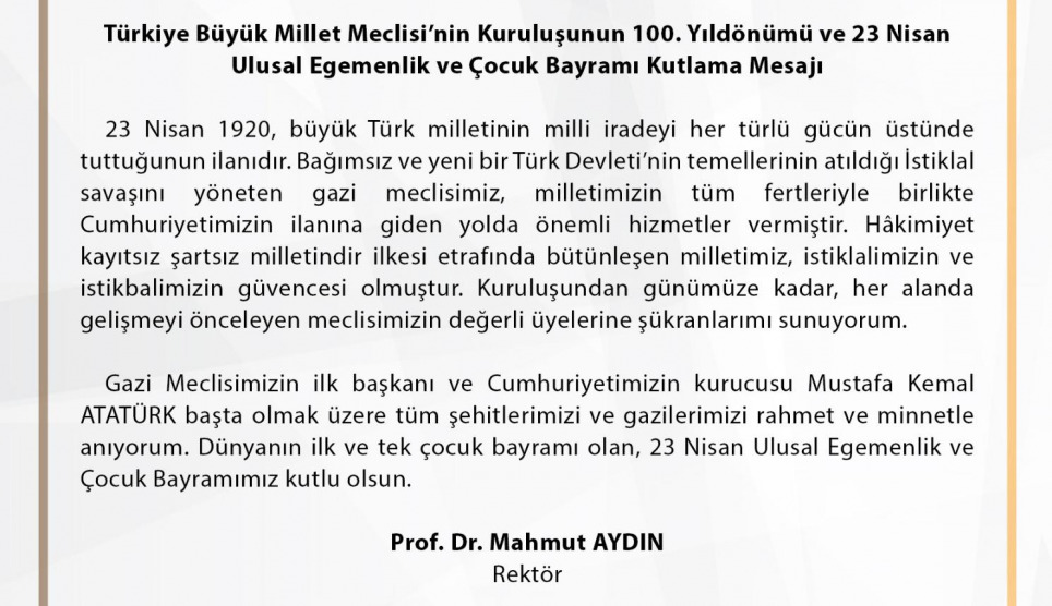 Rektör Aydın’dan 23 Nisan Ulusal Egemenlik ve Çocuk Bayramı Mesajı