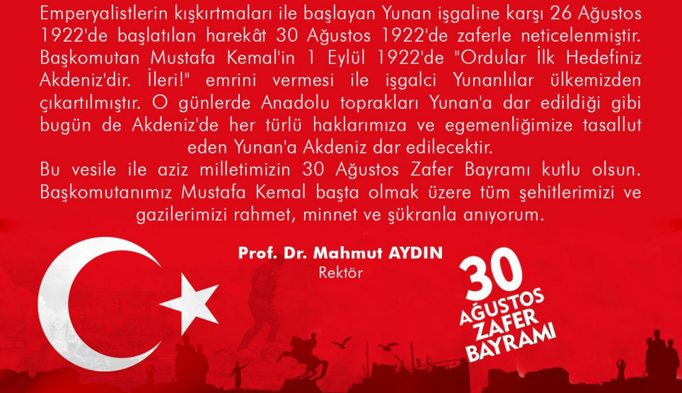 Rektör Aydın’ın 30 Ağustos Zafer Bayramı Kutlama Mesajı