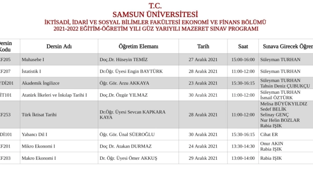 Vize Mazeret Sınavı Duyurusu