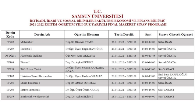 2021 – 2022 Güz Dönemi Mazeret (Final) Sınav Programı Duyurusu