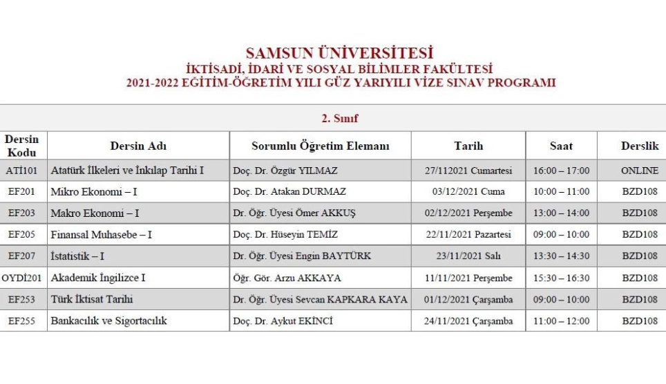 2021-2022 Güz Dönemi Ara Sınav Programı
