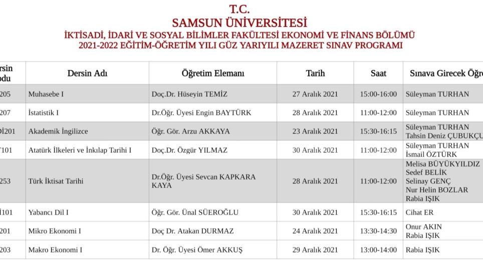 Vize Mazeret Sınavı Duyurusu